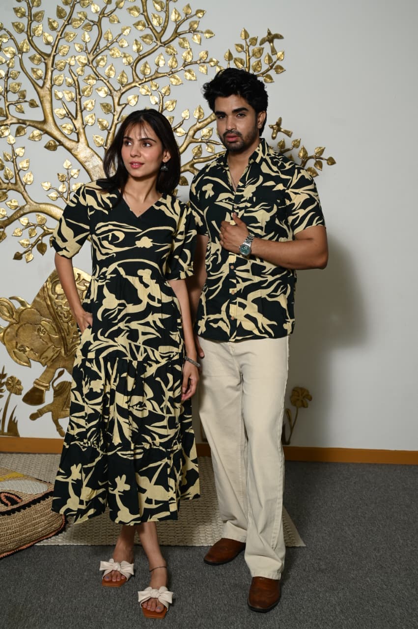 Couple Dress Set – Hand Block Printed Men’s Cotton Shirt & Women’s Midi Dress | House of the HandblocK