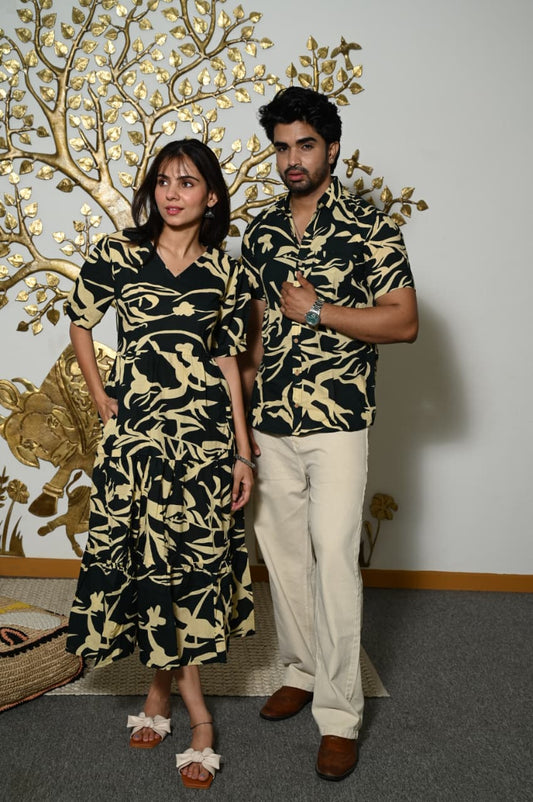 Couple Dress Set – Hand Block Printed Men’s Cotton Shirt & Women’s Midi Dress | House of the HandblocK