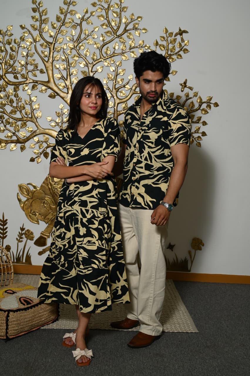 Couple Dress Set – Hand Block Printed Men’s Cotton Shirt & Women’s Midi Dress | House of the HandblocK