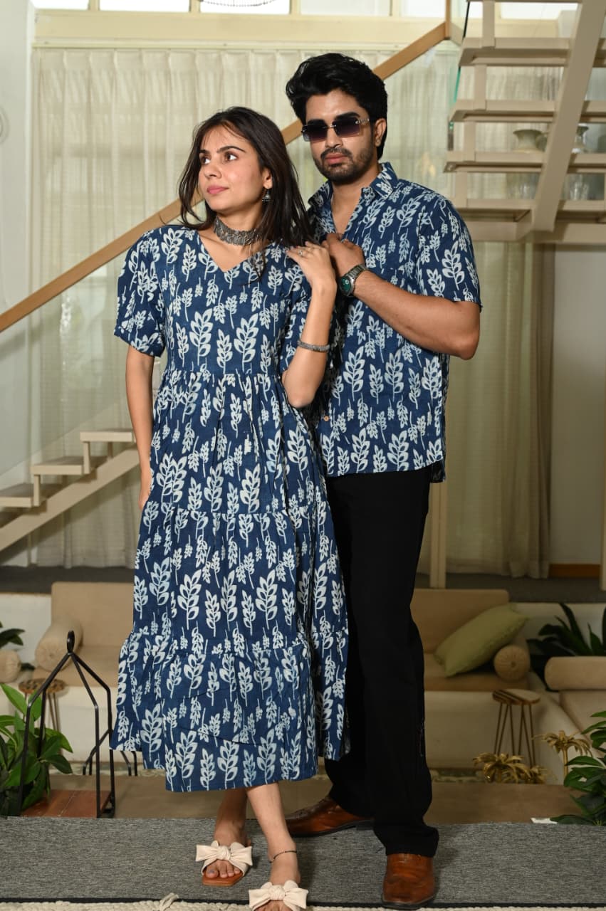 Couple Dress Set – Hand Block Printed Men’s Cotton Shirt & Women’s Midi Dress | House of the Handblock