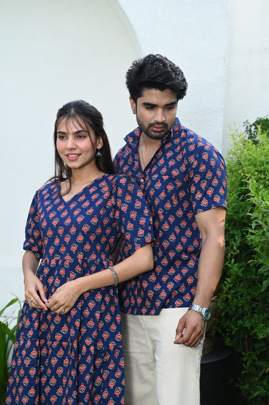 Couple Dress Set – Hand Block Printed Men’s Cotton Shirt & Women’s Midi Dress | House of the HandblocK