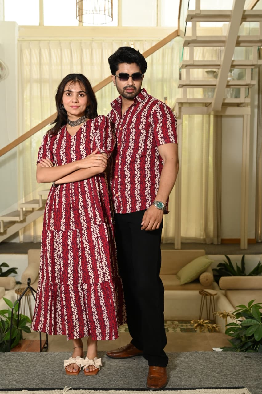 Couple Dress Set – Hand Block Printed Men’s Cotton Shirt & Women’s Midi Dress | House of the HandblocK