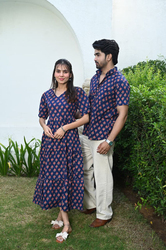 Couple Dress Set – Hand Block Printed Men’s Cotton Shirt & Women’s Midi Dress | House of the HandblocK