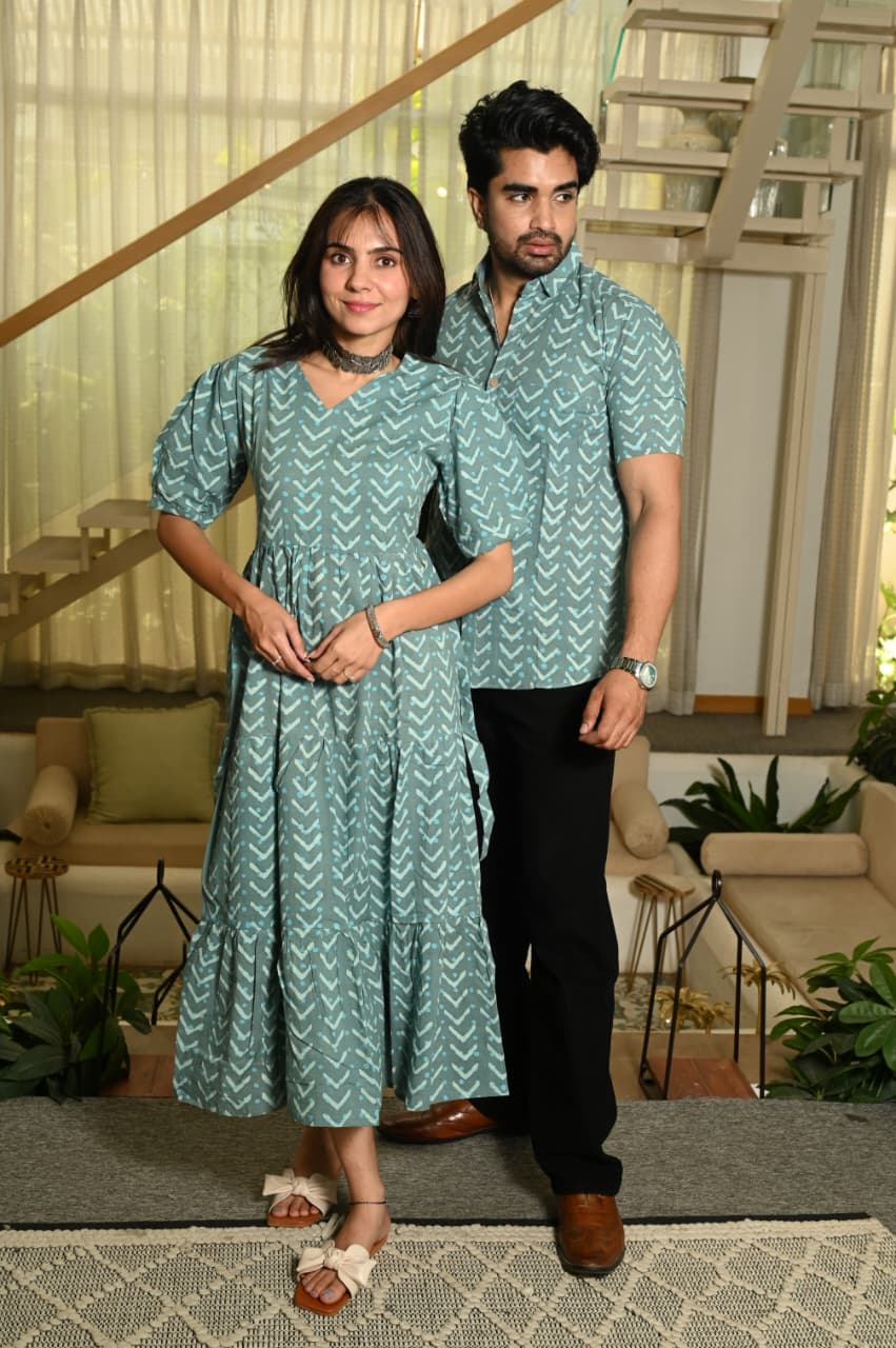 Couple Dress Set – Hand Block Printed Men’s Cotton Shirt & Women’s Midi Dress | House of the Handblock