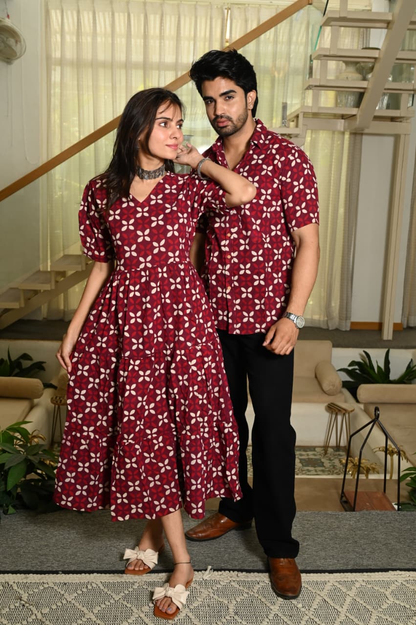 Couple Dress Set – Hand Block Printed Men’s Cotton Shirt & Women’s Midi Dress | House of the Handblock