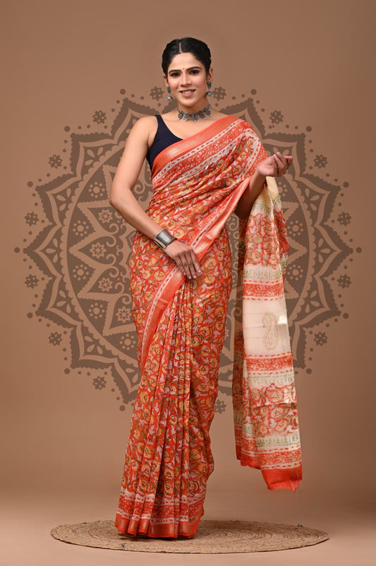 Maheshwari Silk Hand Block Printed Saree – Traditional Rajasthani Handcrafted Saree | House of the Handblock Jaipur