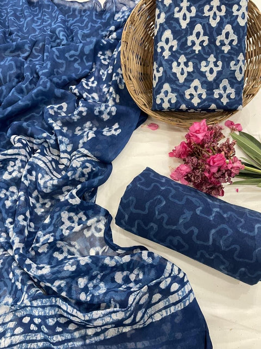 Cotton Suit Set with Pure Chiffon Dupatta and Cotton Bottom | 60×60 Cambric Cotton | House of the Handblock Jaipur