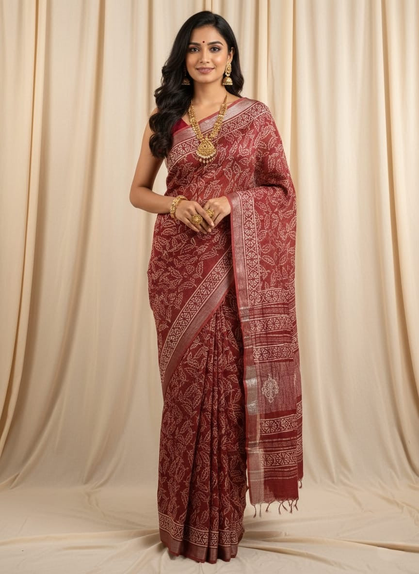Pure Cotton Linen Hand Block Printed Saree with Blouse | Handcrafted Saree | House of the Handblock Jaipur