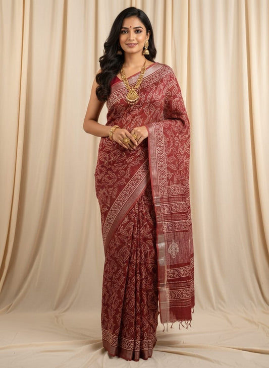 Pure Cotton Linen Hand Block Printed Saree with Blouse | Handcrafted Saree | House of the Handblock Jaipur