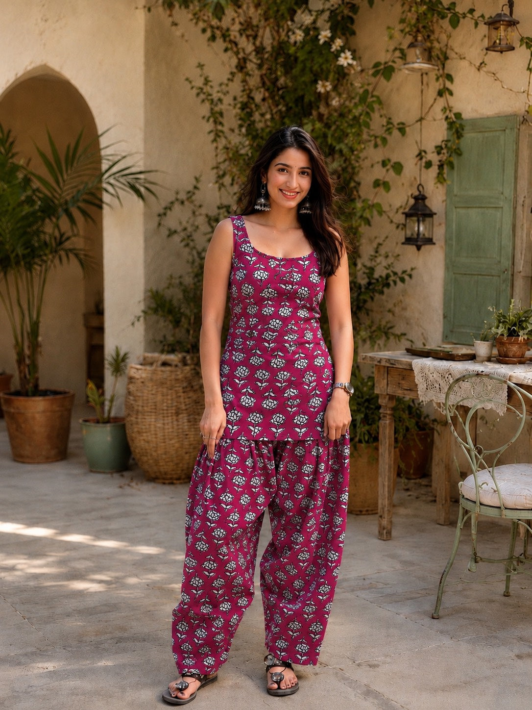 Natural Dyes Handblock Printed Cotton Sleeveless Farasi Salwar Set | Trending Ethnic Co-Ord Set | Sizes XS to 8XL | House Of The Handblock