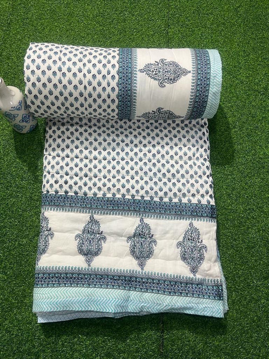 Premium Jaipuri Hand Block Printed Cotton Quilt (Rajai) | Reversible King Size Double Bed Quilt | 90x108 Inches | House Of The Handblock