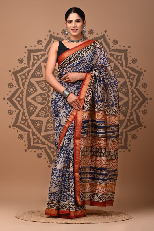 Maheshwari Silk Hand Block Printed Saree – Traditional Rajasthani Handcrafted Saree | House of the Handblock Jaipur