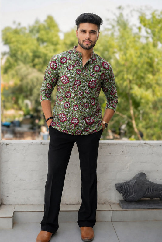 Handblock Printed Cotton Men’s Short Kurta – Premium Fit | Mandrain Collar | XS–8XL