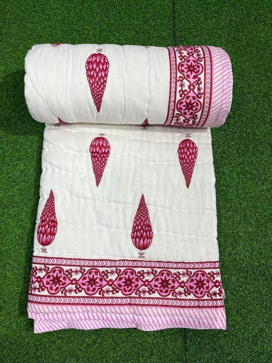 Premium Jaipuri Hand Block Printed Cotton Quilt (Rajai) | Reversible King Size Double Bed Quilt | 90x108 Inches | House Of The Handblock