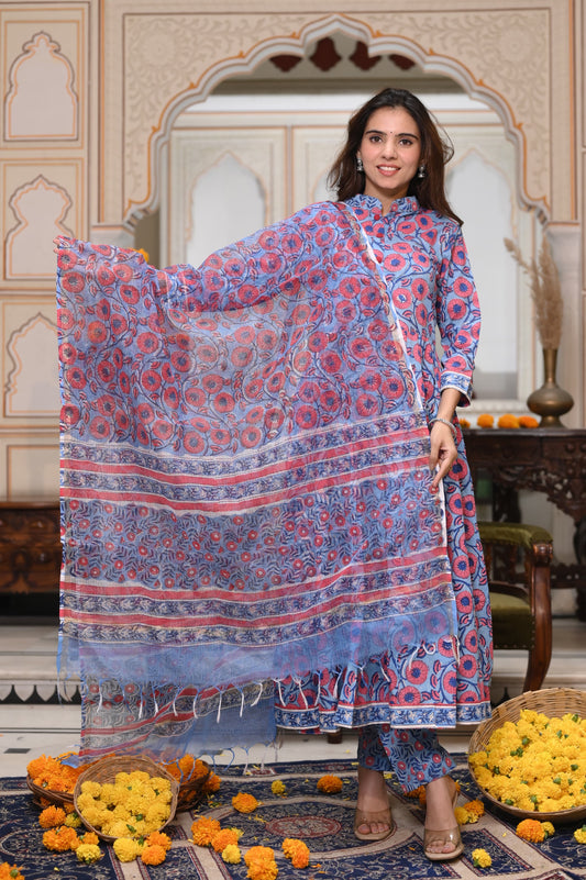 GI Tagged Handblock Printed Pure Cotton long Anarkali 3-Piece Set – Premium Quality 60x60 Fabric