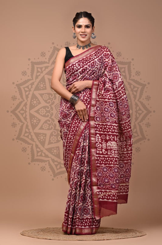Maheshwari Silk Hand Block Printed Saree – Traditional Rajasthani Handcrafted Saree | House of the Handblock Jaipur