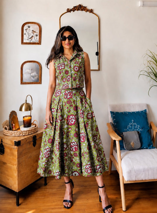 Natural Handblock Printed Cotton Co-Ord Set | Sleeveless Collar Top & Elastic Pocket Skirt | Pure Cotton | XS to 8XL | House Of The Handblock