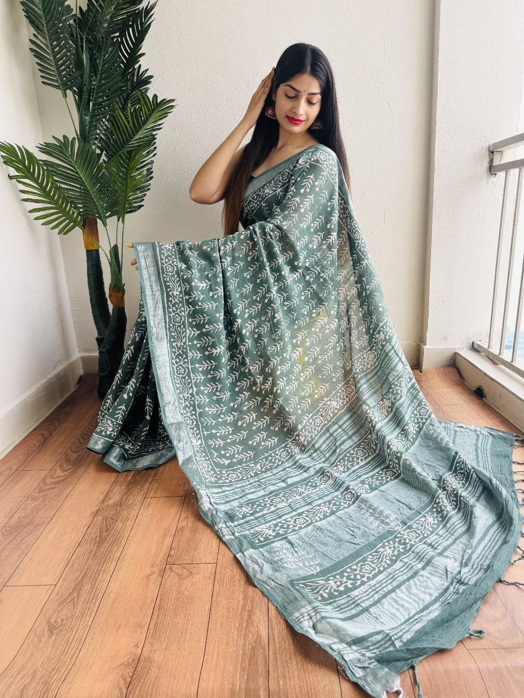 Pure Cotton Linen Hand Block Printed Saree with Blouse | Handcrafted Saree | House of the Handblock Jaipur