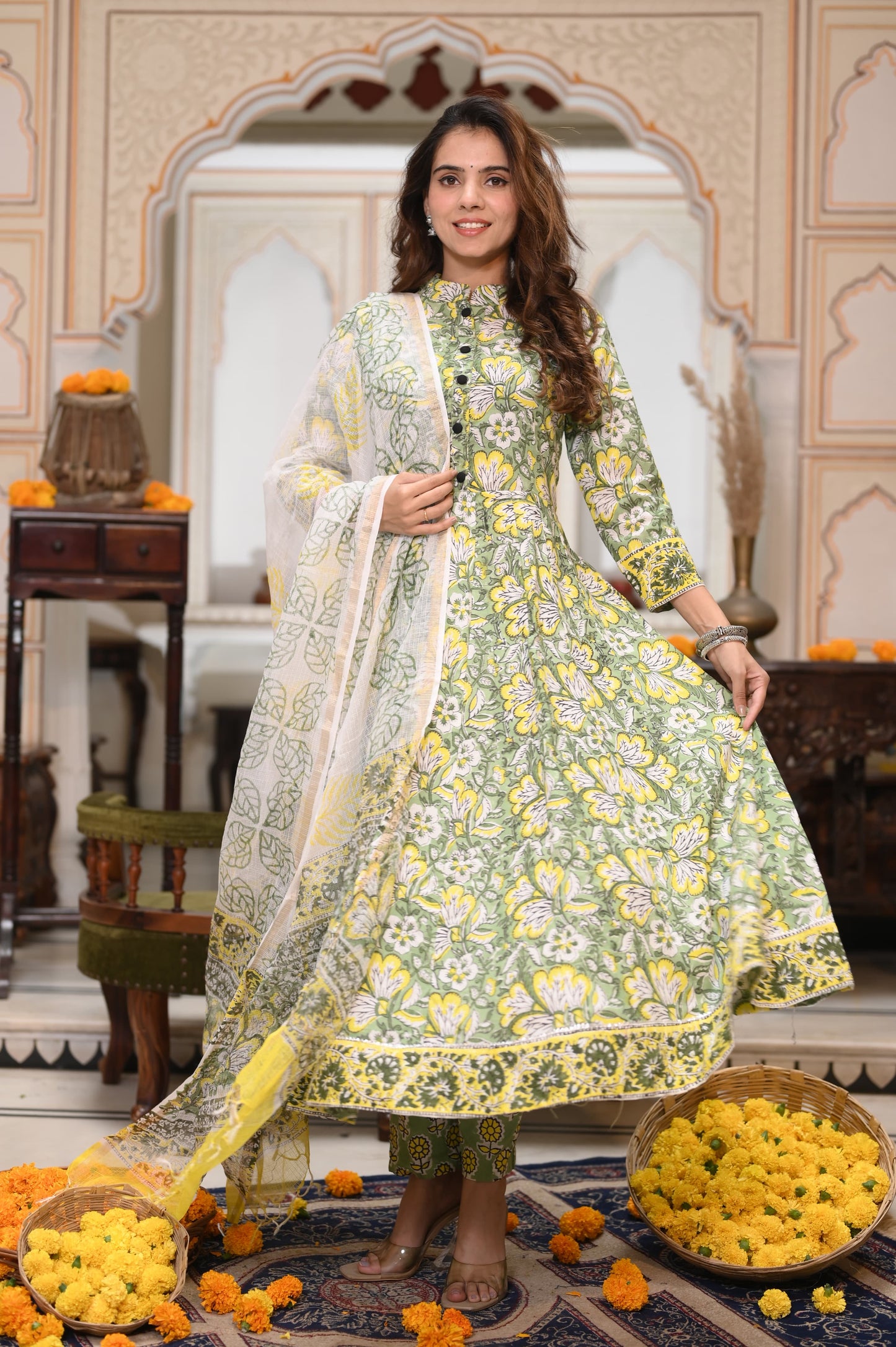 GI Tagged Handblock Printed Pure Cotton long Anarkali 3-Piece Set – Premium Quality 60x60 Fabric