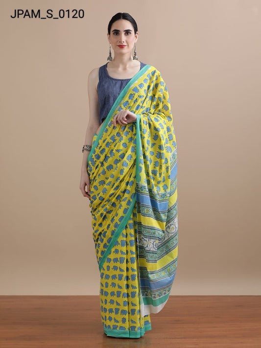 Pure Cotton Mul Mul Printed Saree with Blouse | Soft Handblock Style Saree | House of The Handblock
