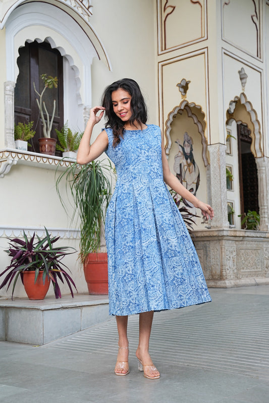 Handblock Printed Sleeveless Cotton Midi Dress – House of the Handblock