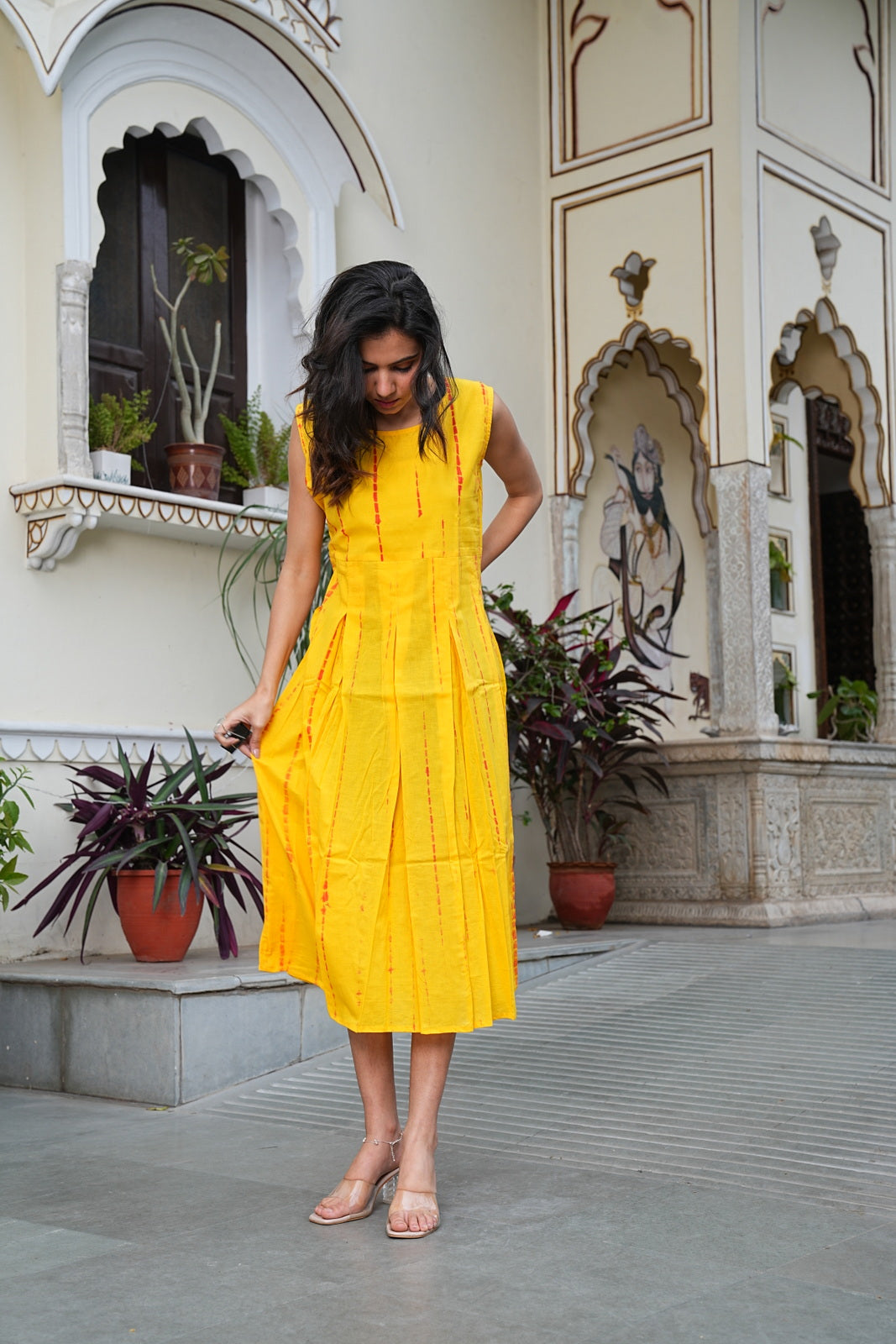 YELLOW Handblock Printed Sleeveless Cotton Midi Dress – House of the Handblock