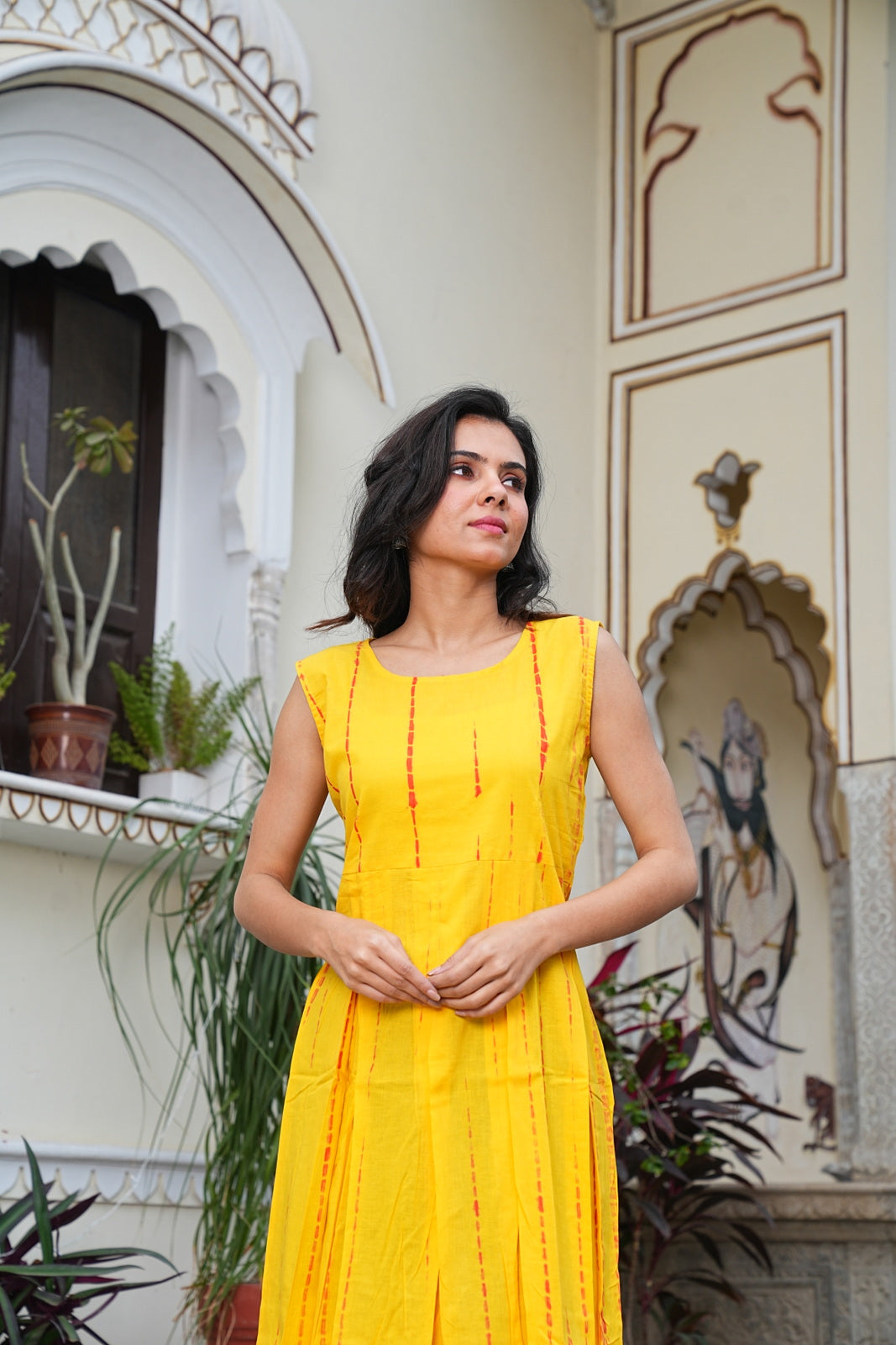 YELLOW Handblock Printed Sleeveless Cotton Midi Dress – House of the Handblock