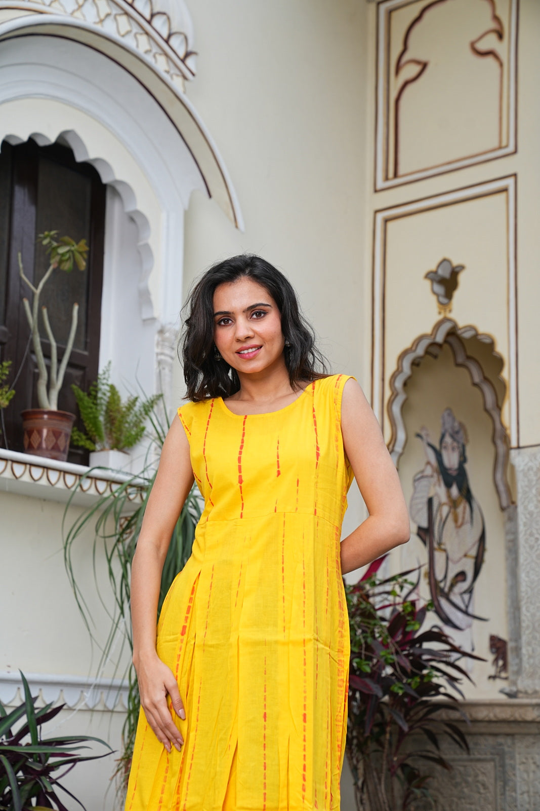 YELLOW Handblock Printed Sleeveless Cotton Midi Dress – House of the Handblock