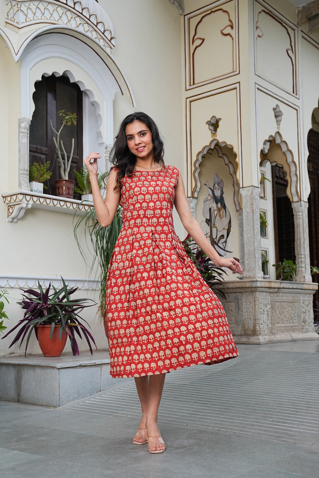 BAGRU Handblock Printed Sleeveless Cotton Midi Dress – House of the Handblock