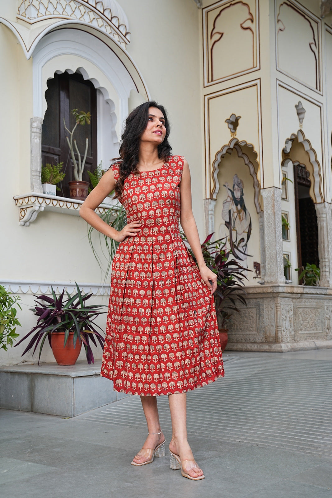 BAGRU Handblock Printed Sleeveless Cotton Midi Dress – House of the Handblock