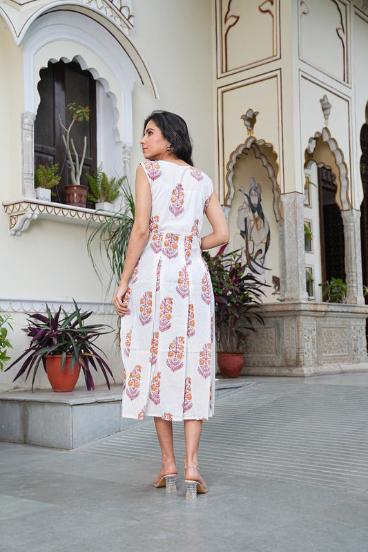 WHITE BAGRU Handblock Printed Sleeveless Cotton Midi Dress – House of the Handblock