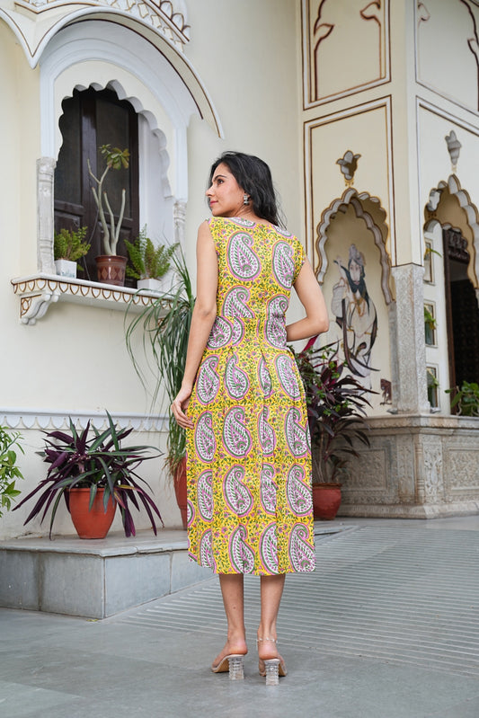 Handblock Printed Sleeveless Cotton Midi Dress – House of the Handblock