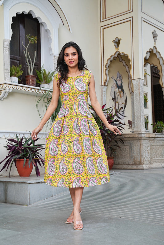 Handblock Printed Sleeveless Cotton Midi Dress – House of the Handblock