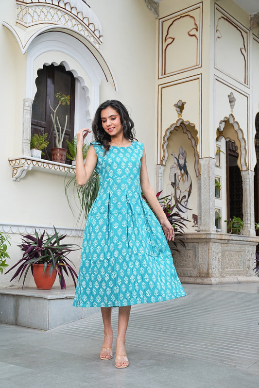 Handblock Printed Sleeveless Cotton Midi Dress – House of the Handblock