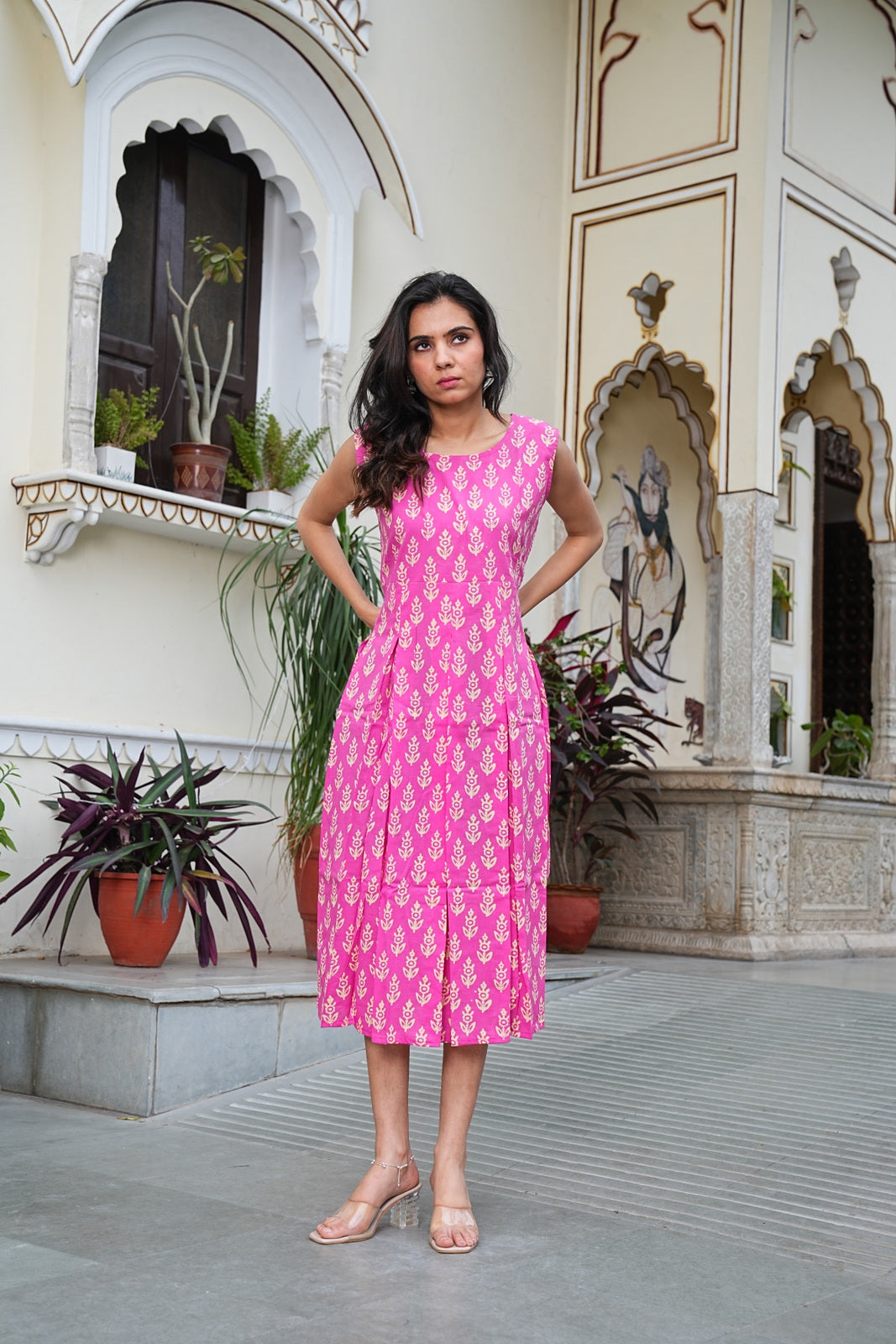 pink Handblock Printed Sleeveless Cotton Midi Dress – House of the Handblock