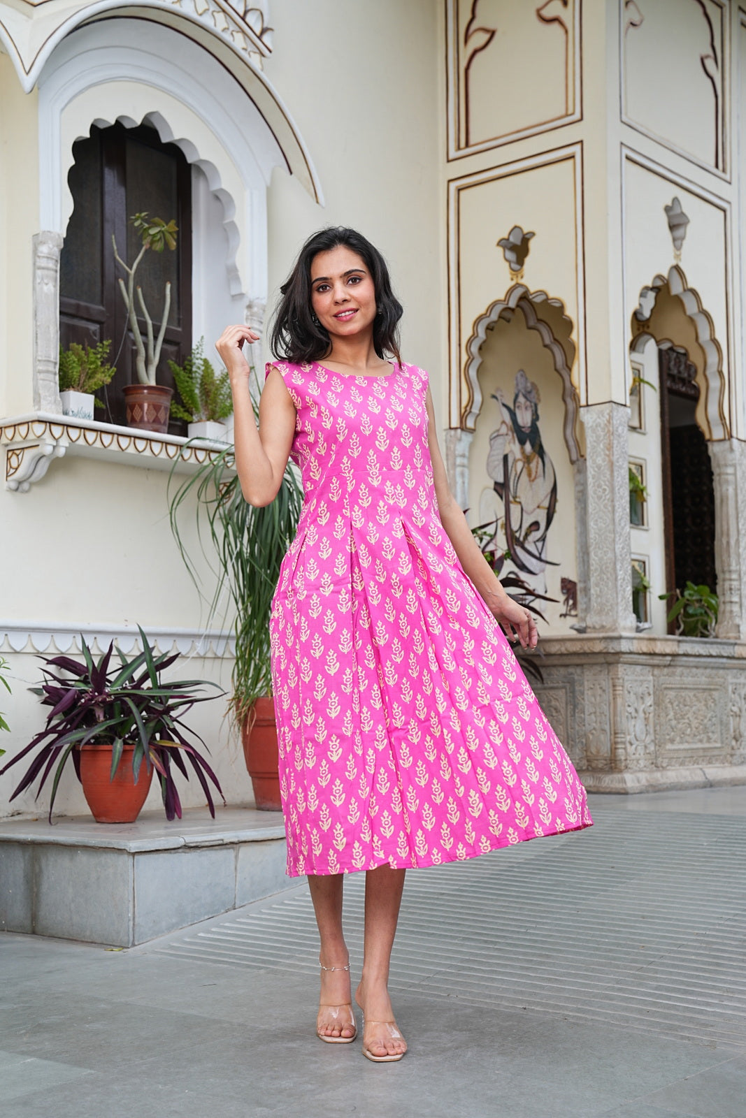 pink Handblock Printed Sleeveless Cotton Midi Dress – House of the Handblock