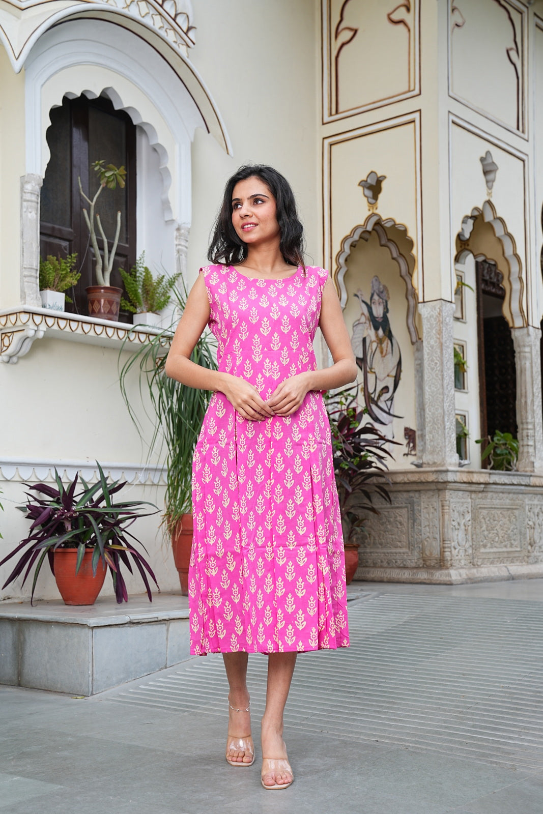 pink Handblock Printed Sleeveless Cotton Midi Dress – House of the Handblock