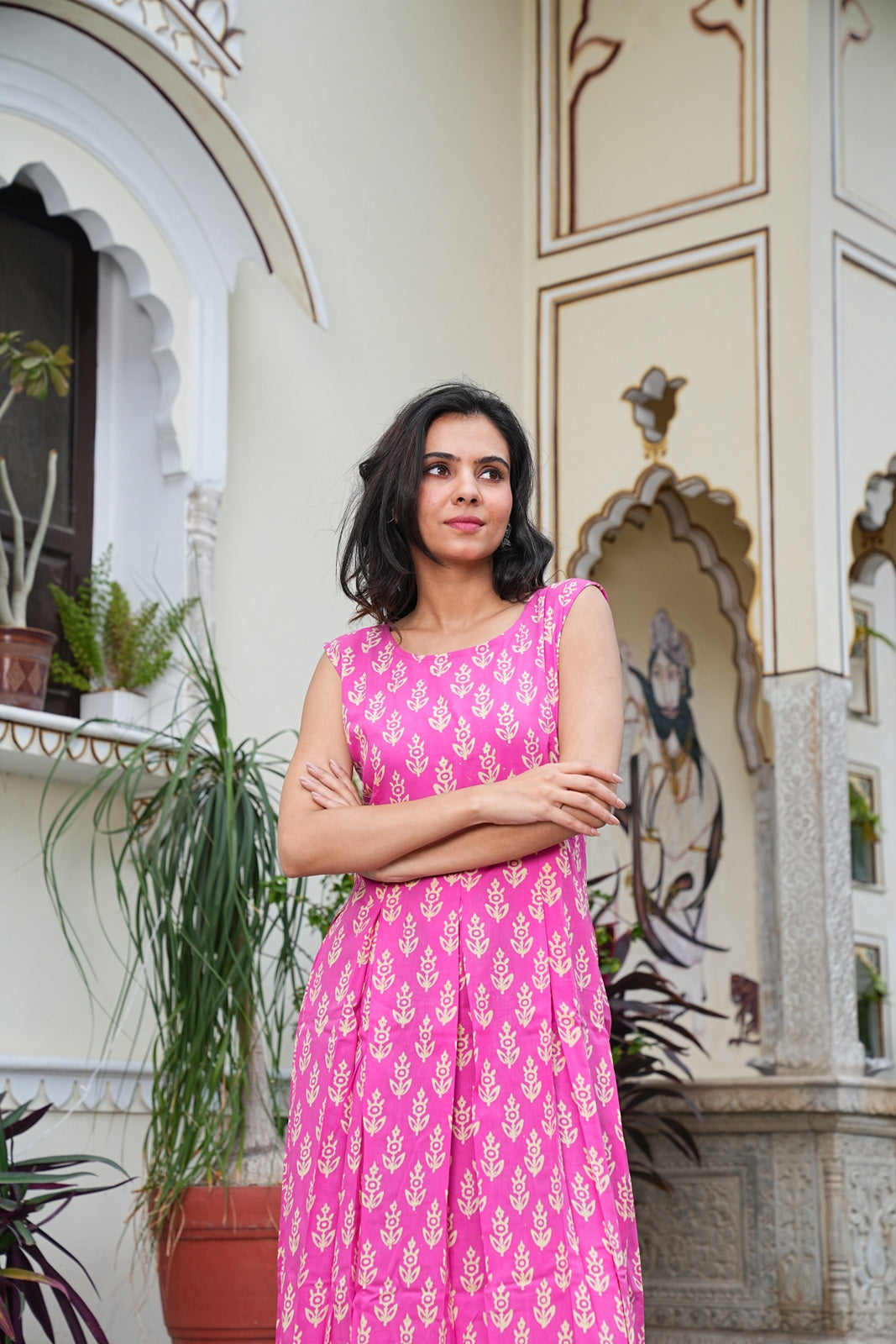 pink Handblock Printed Sleeveless Cotton Midi Dress – House of the Handblock