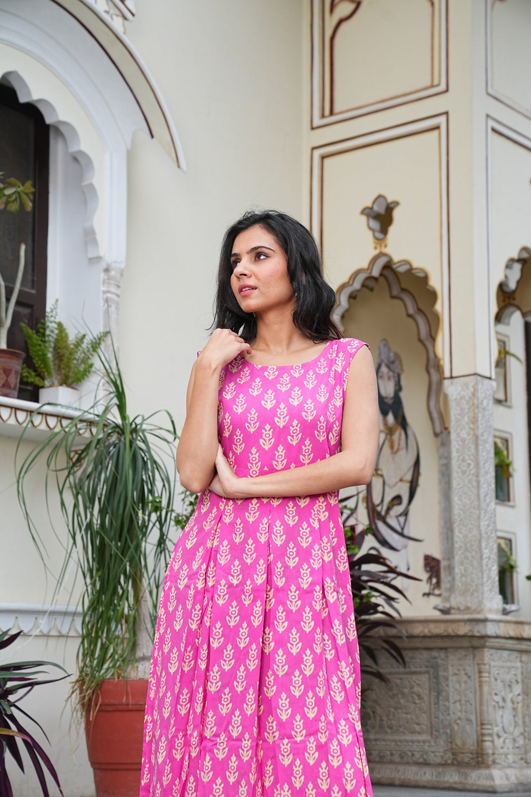 pink Handblock Printed Sleeveless Cotton Midi Dress – House of the Handblock