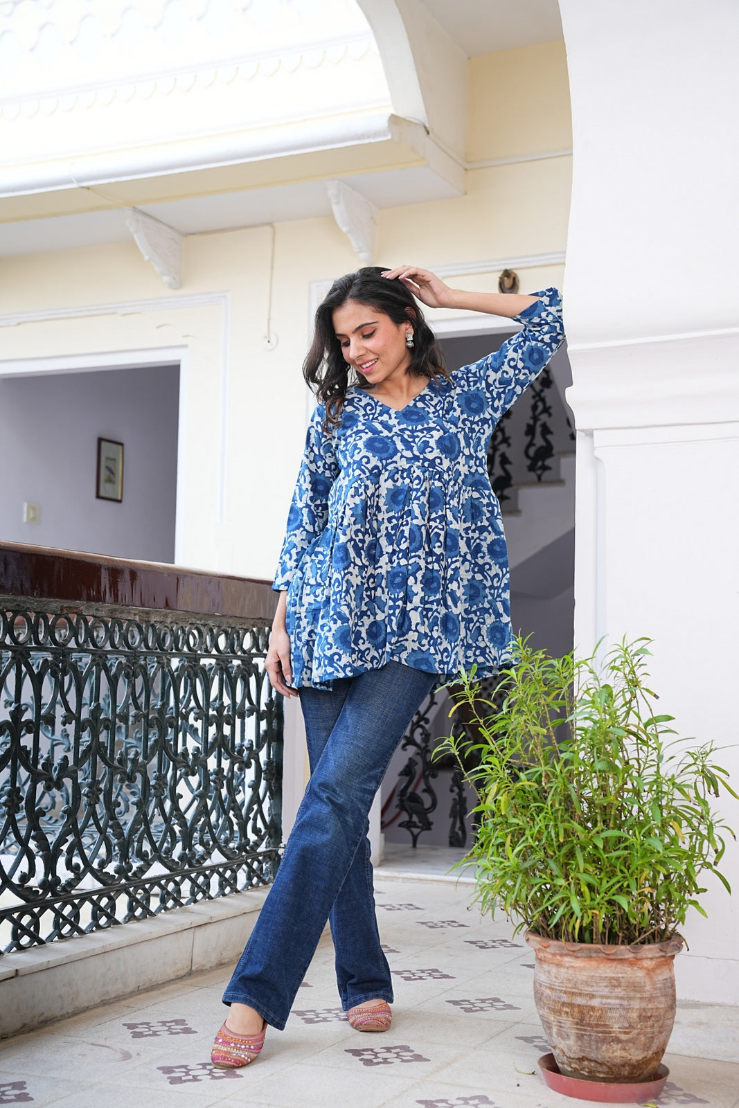 INDIGO Women's Handblock Cotton Peplum Top – Short Tunic Kurti | Eco-Friendly Fashion