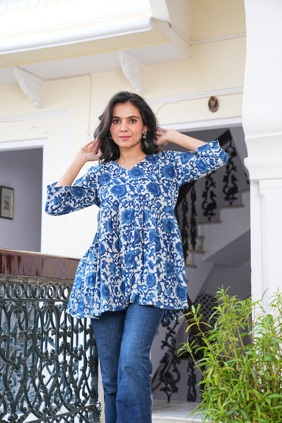 INDIGO Women's Handblock Cotton Peplum Top – Short Tunic Kurti | Eco-Friendly Fashion