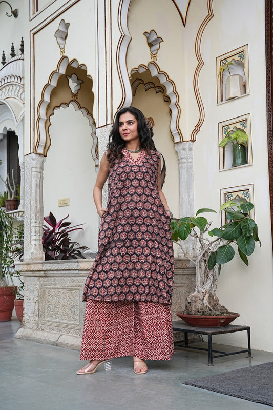 Handblock Printed Cotton Sleeveless Plazo Set – Earthy Elegance by House of the Handblock