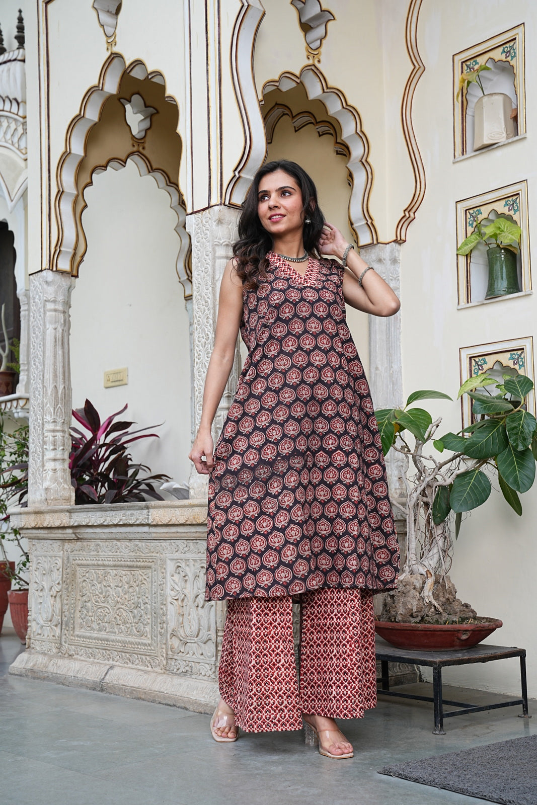 Handblock Printed Cotton Sleeveless Plazo Set – Earthy Elegance by House of the Handblock