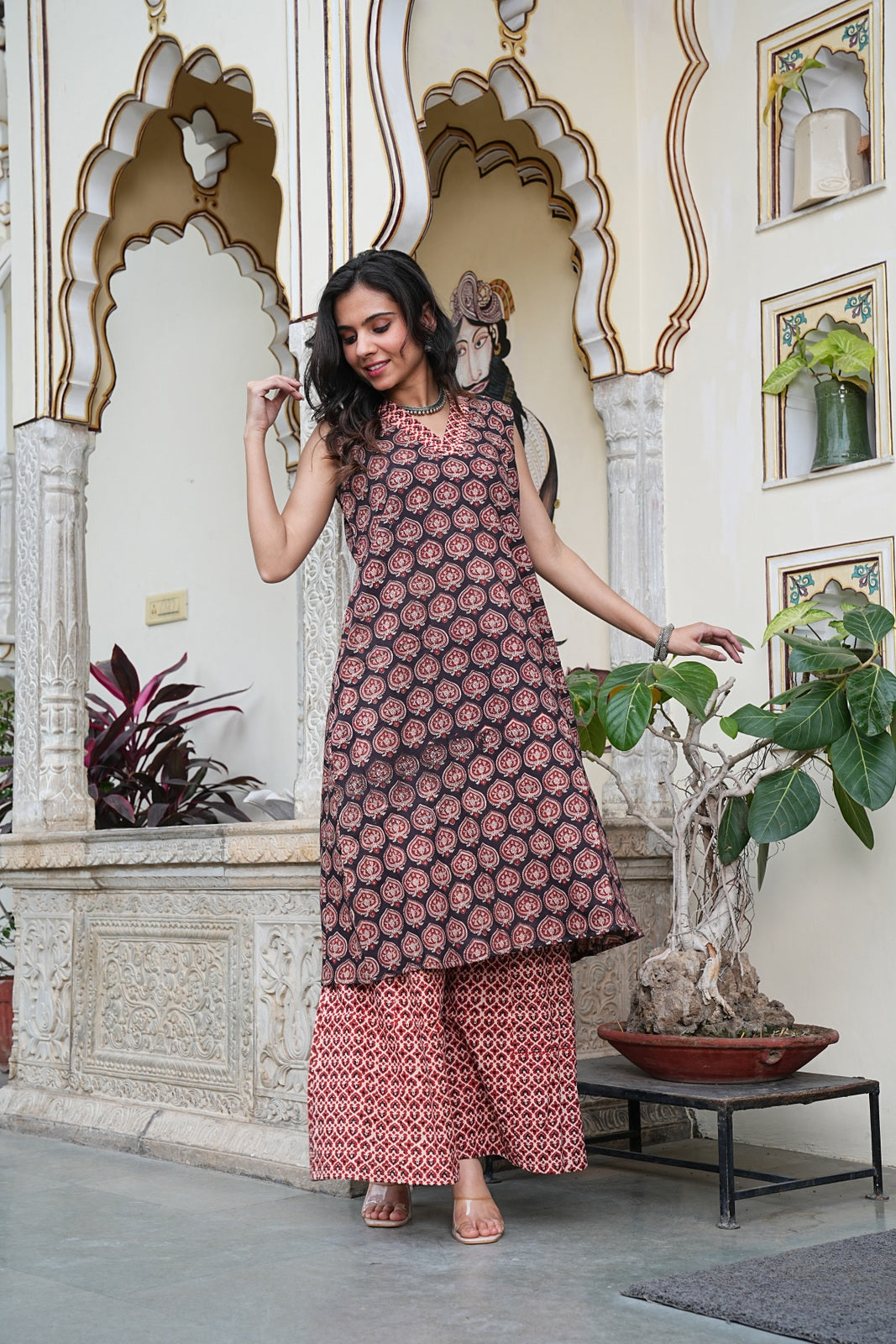 Handblock Printed Cotton Sleeveless Plazo Set – Earthy Elegance by House of the Handblock