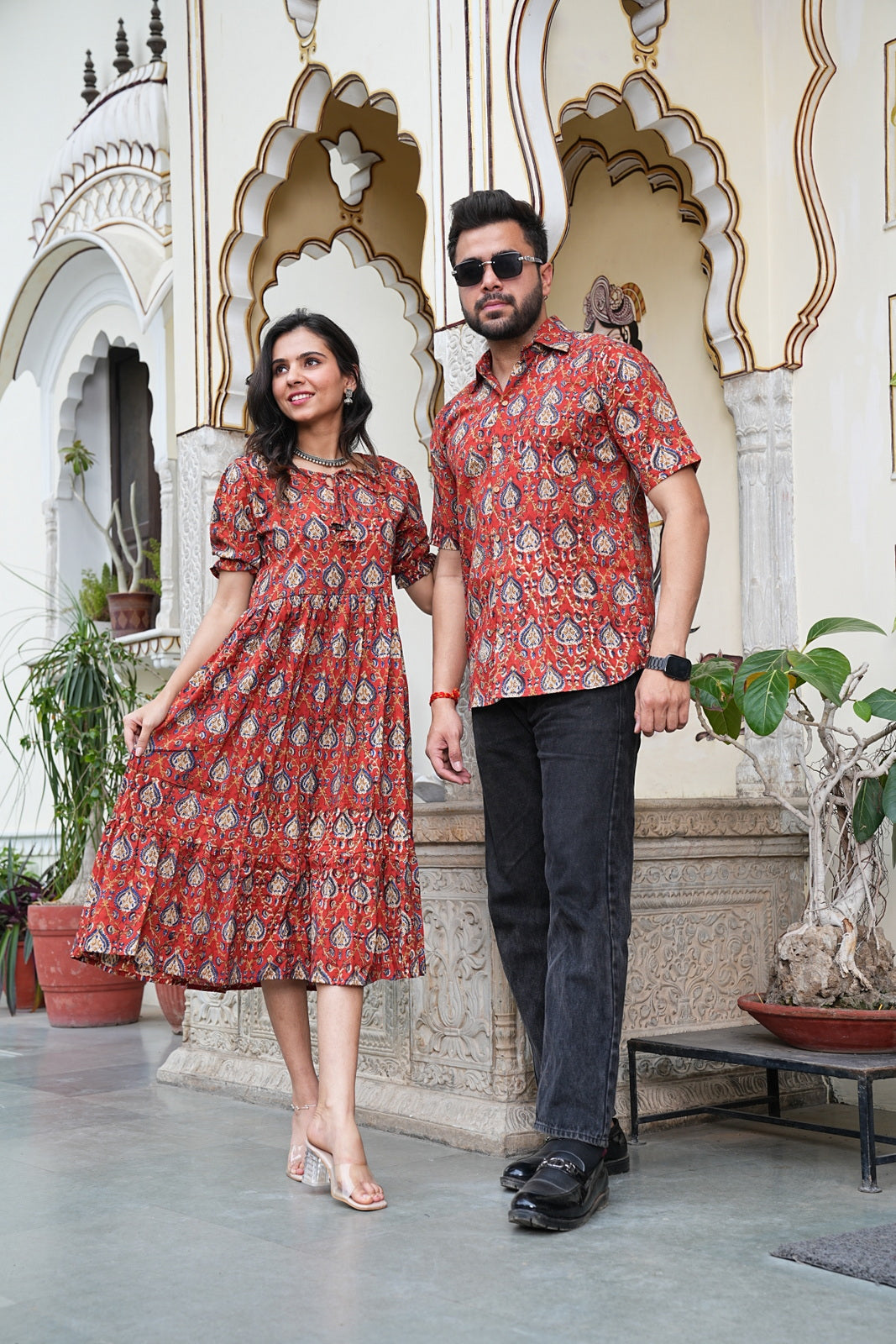 Couple Style Combo – Jaipuri Handblock Cotton Dress & Shirt Set