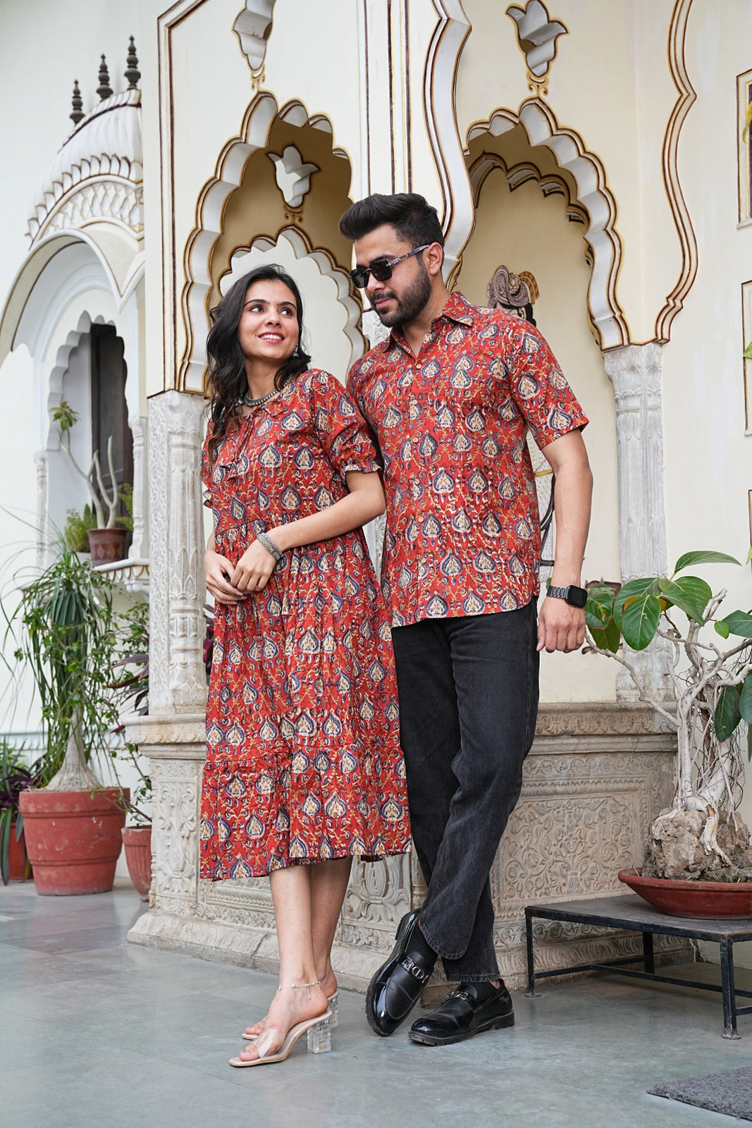 Couple Style Combo – Jaipuri Handblock Cotton Dress & Shirt Set