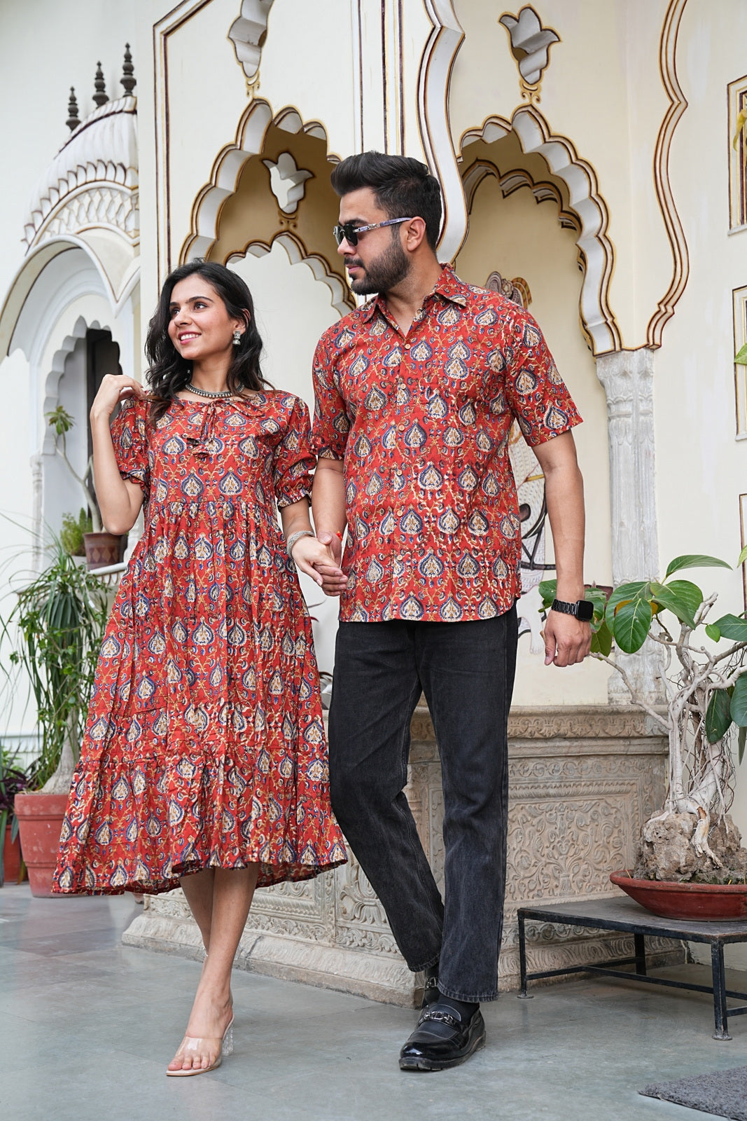 Couple Style Combo – Jaipuri Handblock Cotton Dress & Shirt Set