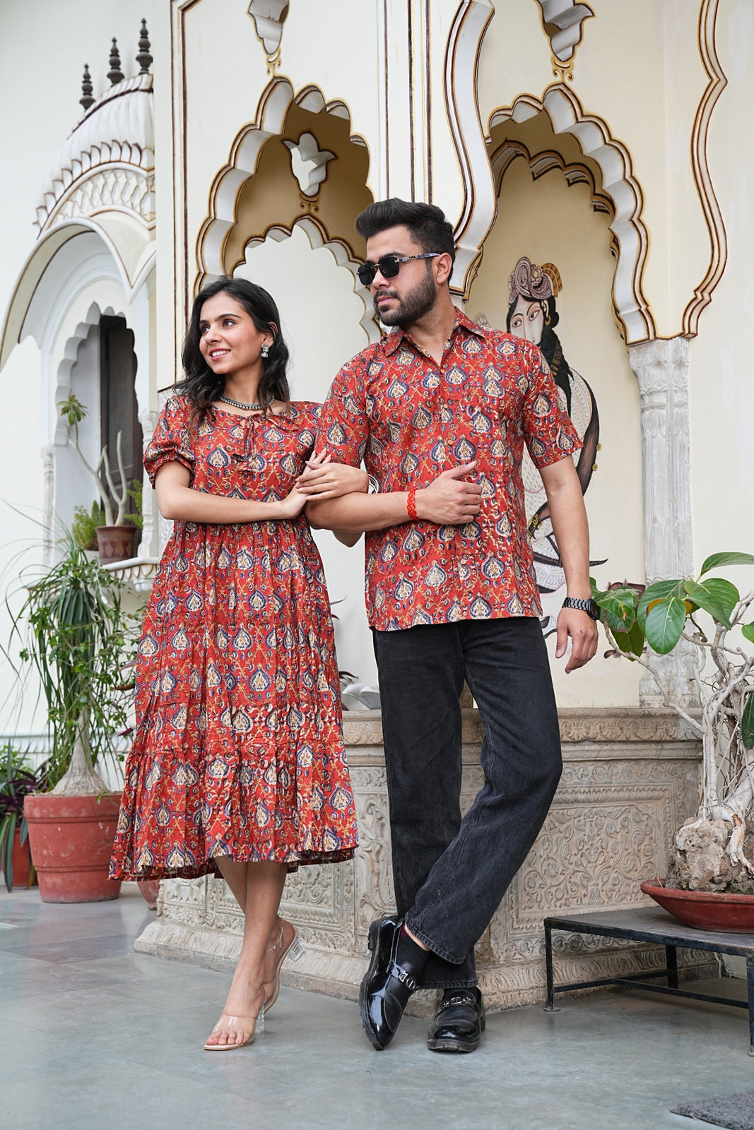 Couple Style Combo – Jaipuri Handblock Cotton Dress & Shirt Set