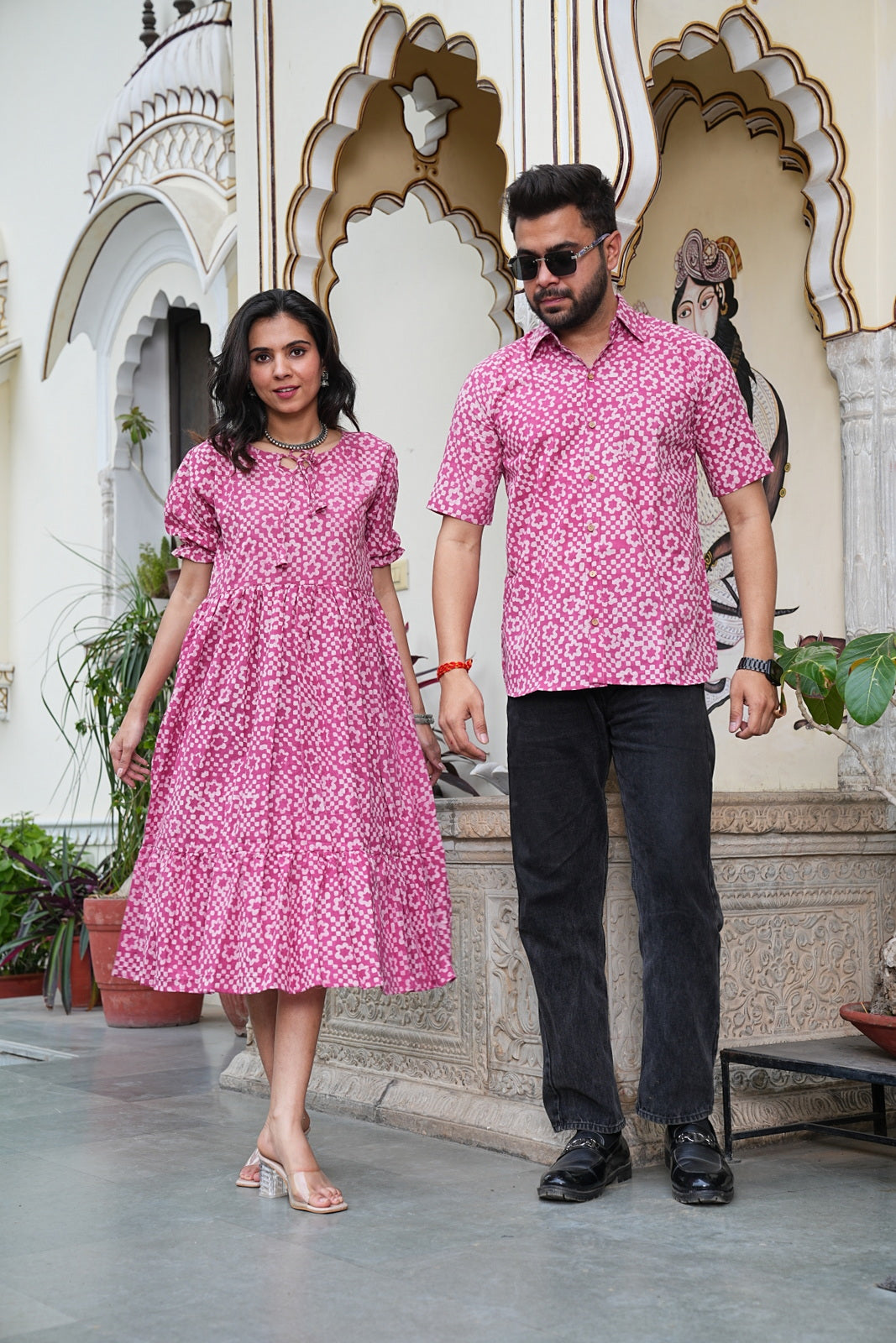 Couple Style Combo – Jaipuri Handblock Cotton Dress & Shirt Set