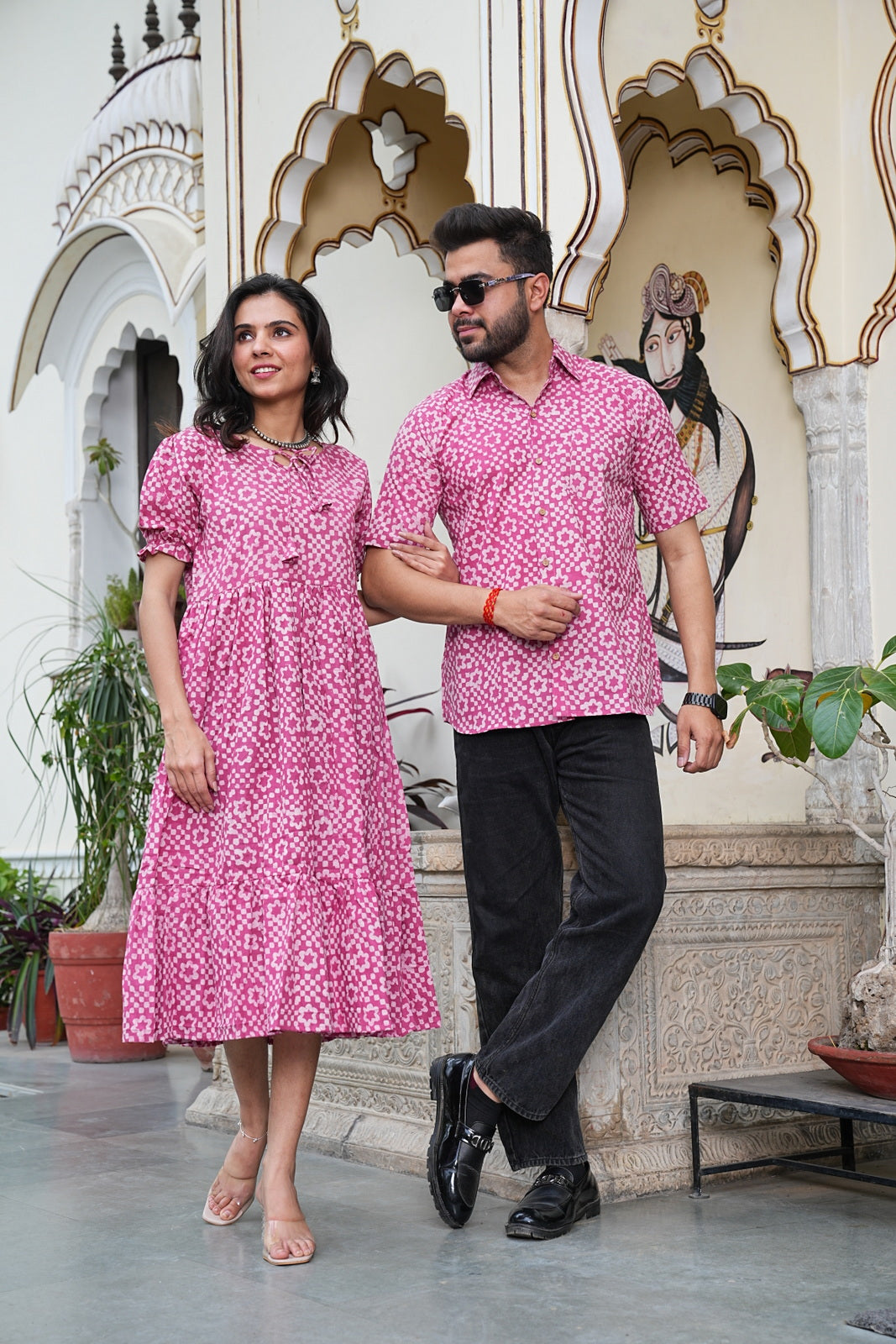 Couple Style Combo – Jaipuri Handblock Cotton Dress & Shirt Set